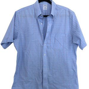 Brooks Brothers Mens Short Sleeve Button Down Plaid Orange Strips 100% Cotton